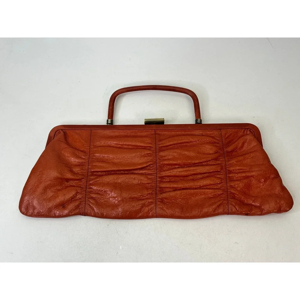 HOBO International Leather Baguette Frame Purse Ruched‎ Orange Boho